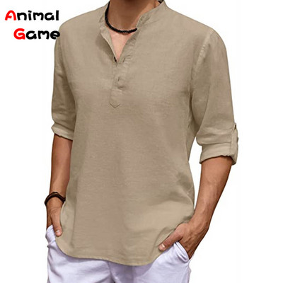 Uus meeste linane pikkade varrukatega V-kaelusega T-särk ühevärviline ülisuur vabaaja särk puuvillane särk pluss suuruses jooganööbiga meeste särgid