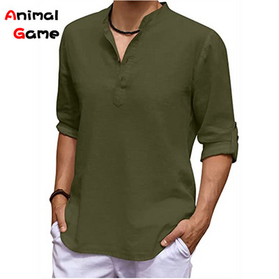 Uus meeste linane pikkade varrukatega V-kaelusega T-särk ühevärviline ülisuur vabaaja särk puuvillane särk pluss suuruses jooganööbiga meeste särgid