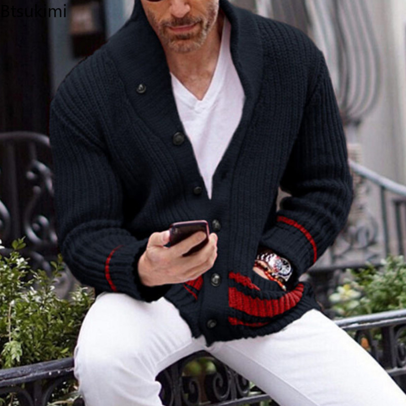 Νέο 2023 Φθινοπωρινό Χειμώνα Πλεκτά Πουλόβερ Ανδρικά Ζεστά Παλτό Ανδρικά Streetwear Μονό στήθος Ζακέτα Κίτρινο Κόκκινο Μασίφ Αντρικό πουλόβερ