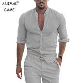 Jesenske muške pamučne lanene košulje Proljetna jednobojna majica s lažnim izrezom i dugim rukavima, prekomjerna majica Zgodna modna majica