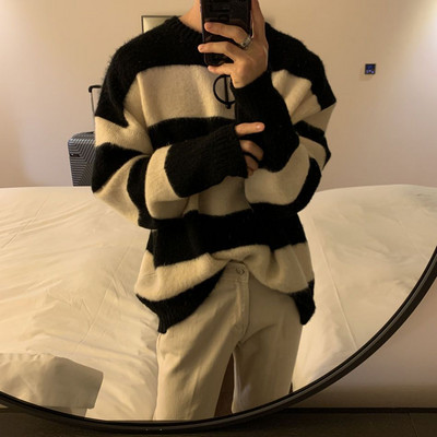 Kootud triibuline kampsun, meeste kaelusega lapiline disain Pehme avar kampsun, trendikas meeste mood Korea kampsun, pullover