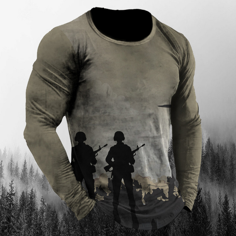 Vintage meeste pikkade varrukatega T-särk Sügisprintiga särgid Kamuflaažiga kotkamustriga Valor riided vabaaja High Street Oversize meeste topid