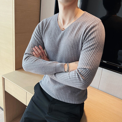 Βασικά πουλόβερ με λαιμόκοψη 4XL με υψηλή ελαστικότητα για άντρες Ρούχα 2023 Απλή, λεπτή εφαρμογή, μακρυμάνικα πλεκτά πουλόβερ Pull Homme