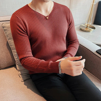 Βασικά πουλόβερ με λαιμόκοψη 4XL με υψηλή ελαστικότητα για άντρες Ρούχα 2023 Απλή, λεπτή εφαρμογή, μακρυμάνικα πλεκτά πουλόβερ Pull Homme