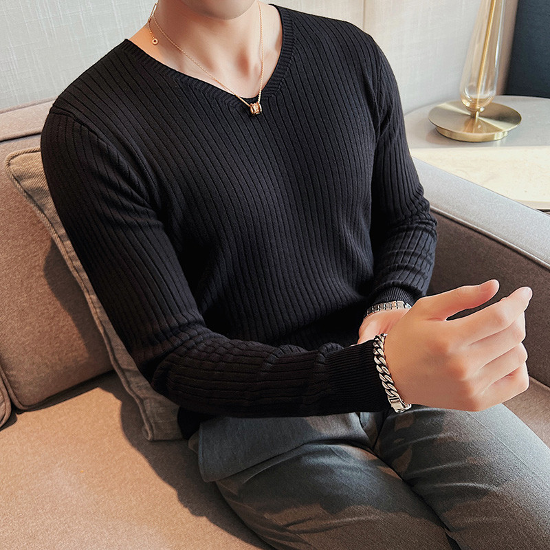 Βασικά πουλόβερ με λαιμόκοψη 4XL με υψηλή ελαστικότητα για άντρες Ρούχα 2023 Απλή, λεπτή εφαρμογή, μακρυμάνικα πλεκτά πουλόβερ Pull Homme