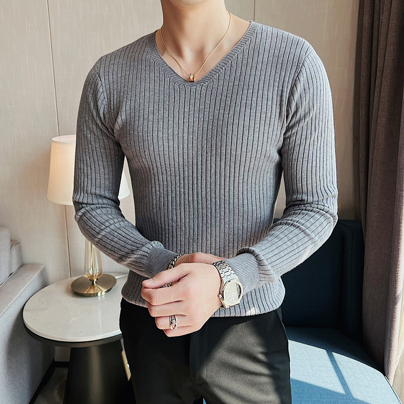 Βασικά πουλόβερ με λαιμόκοψη 4XL με υψηλή ελαστικότητα για άντρες Ρούχα 2023 Απλή, λεπτή εφαρμογή, μακρυμάνικα πλεκτά πουλόβερ Pull Homme