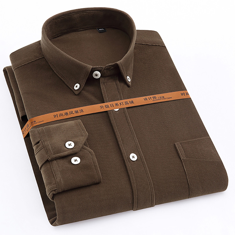 Nööpkraega Meeste särk vabaaja soe vaba aeg Solid meeste velvetist särgid pikkade varrukatega hästi istuvad meeste riided pruun 2020 uus
