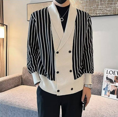 Uusima disainiga meeste moodne kaherealine kardigan Meeste talvekampsun Luksuslik triibuline kudum Meeste mantel Sobiv kardigan