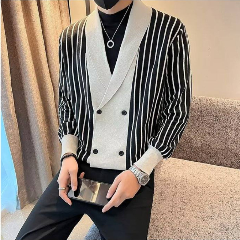 Uusima disainiga meeste moodne kaherealine kardigan Meeste talvekampsun Luksuslik triibuline kudum Meeste mantel Sobiv kardigan