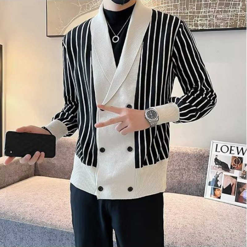 Uusima disainiga meeste moodne kaherealine kardigan Meeste talvekampsun Luksuslik triibuline kudum Meeste mantel Sobiv kardigan