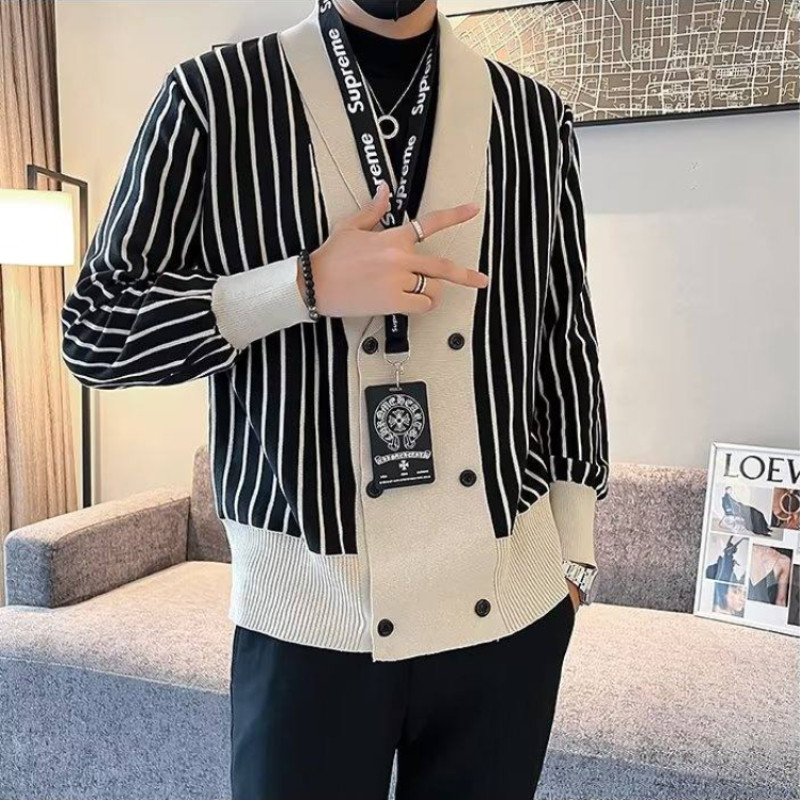 Uusima disainiga meeste moodne kaherealine kardigan Meeste talvekampsun Luksuslik triibuline kudum Meeste mantel Sobiv kardigan