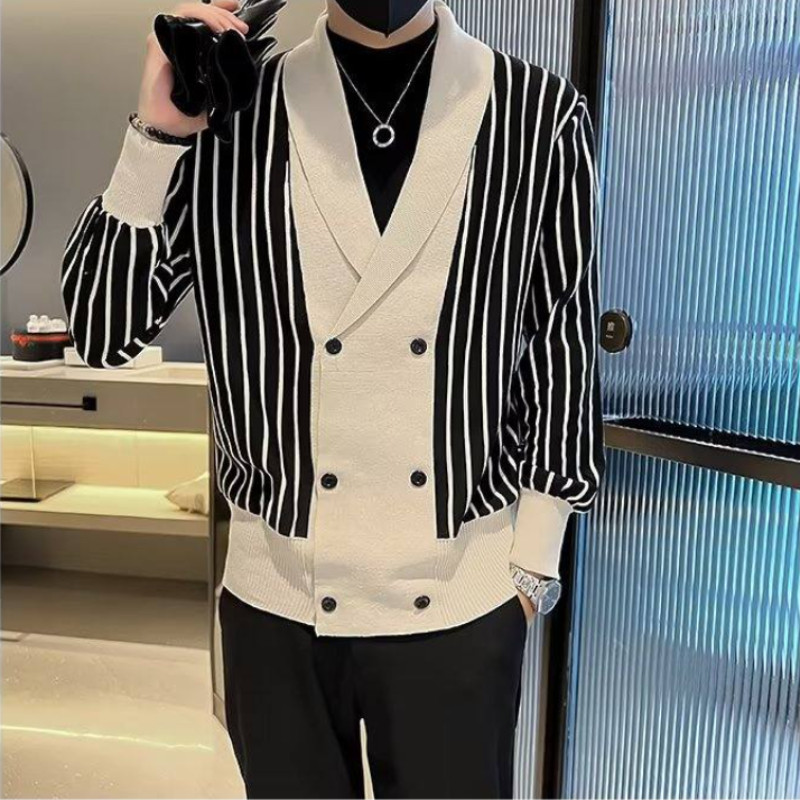 Uusima disainiga meeste moodne kaherealine kardigan Meeste talvekampsun Luksuslik triibuline kudum Meeste mantel Sobiv kardigan