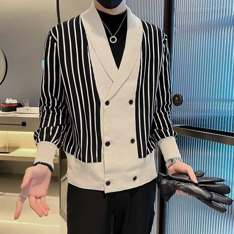 Uusima disainiga meeste moodne kaherealine kardigan Meeste talvekampsun Luksuslik triibuline kudum Meeste mantel Sobiv kardigan