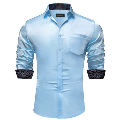 Luksuslik veniv, satiin hõbedane soliidsed särgid meestele pikkade varrukatega valge sinine punane pulmapeokleit särk pluus meeste rõivad