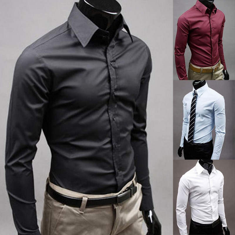 Pikkade varrukatega allapoole suunatud kraega särk Slim Fit ühevärviline meeste ärinööbiga topp