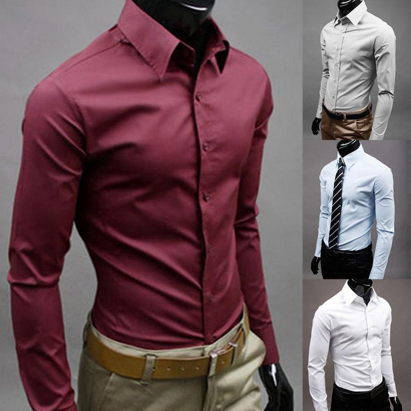 Pikkade varrukatega allapoole suunatud kraega särk Slim Fit ühevärviline meeste ärinööbiga topp