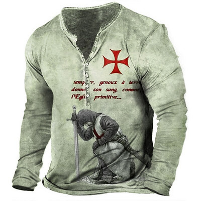 Templar Knight Vintage T-shirt za muškarce Majice kratkih rukava s grafikama Pamučne majice s 3D printom dugih rukava Henley majica Prevelika muška gornja odjeća