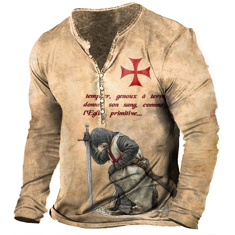 Templar Knight Vintage T-shirt za muškarce Majice kratkih rukava s grafikama Pamučne majice s 3D printom dugih rukava Henley majica Prevelika muška gornja odjeća