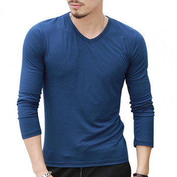 Ανδρικό μπλουζάκι μακρυμάνικο, ανθεκτικό στη συρρίκνωση, μονόχρωμο πουκάμισο με λαιμόκοψη V πουλόβερ επάνω μακρυμάνικο, ελαστικό ανδρικό μπλουζάκι