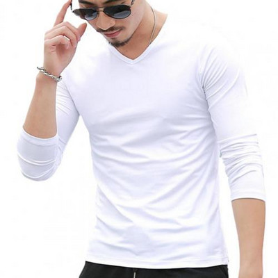 Ανδρικό μπλουζάκι μακρυμάνικο, ανθεκτικό στη συρρίκνωση, μονόχρωμο πουκάμισο με λαιμόκοψη V πουλόβερ επάνω μακρυμάνικο, ελαστικό ανδρικό μπλουζάκι