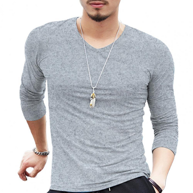 Ανδρικό μπλουζάκι μακρυμάνικο, ανθεκτικό στη συρρίκνωση, μονόχρωμο πουκάμισο με λαιμόκοψη V πουλόβερ επάνω μακρυμάνικο, ελαστικό ανδρικό μπλουζάκι