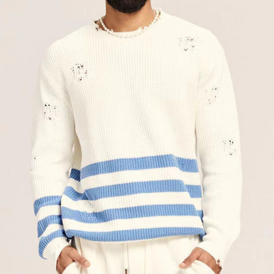 Ανοιξιάτικο φθινοπωρινό πλεκτό πουλόβερ Vintage πουλόβερ ανδρικές μπλούζες Fashion O λαιμό μακρυμάνικο μπλουζάκι Loose Vacation Casual ζακάρ μπλούζες