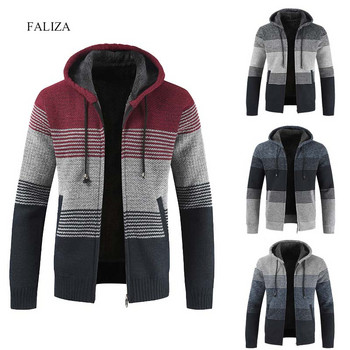 FALIZA Νέο ανδρικό πουλόβερ Φθινοπωρινό Παλτό Χειμώνας Χοντρό Ζεστή με κουκούλα Μάλλινη Ρίγα Πουλόβερ Ζακέτα με φερμουάρ Fleece Ανδρικό παλτό MXY103