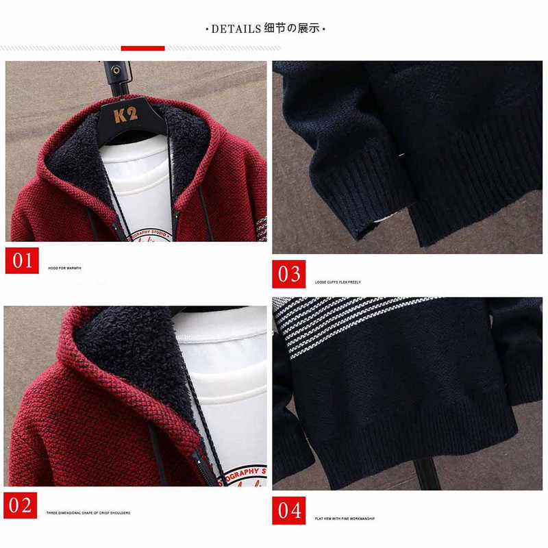 FALIZA Novi muški pulover Jesen Zima Debeli topli vuneni veste s kapuljačom na pruge Džemperi Muški flis kaput s patentnim zatvaračem MXY103