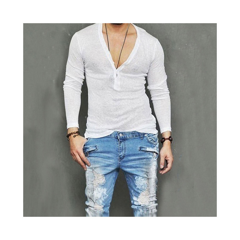 Američke modne muške ležerne uske majice s dugim rukavima i dubokim V-izrezom, seksi majice s kratkim rukavima