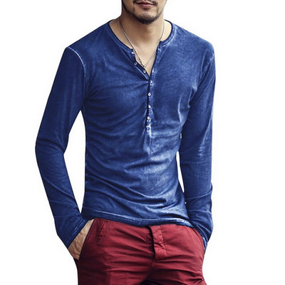 Sügisene vabaaja vintage pikkade varrukatega V-kaelusega T-särk Meeste V-kaelusega pesu pikkade varrukatega Camisa Henley särk top pluus Henley särk