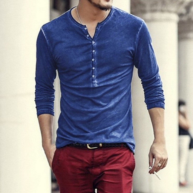 Sügisene vabaaja vintage pikkade varrukatega V-kaelusega T-särk Meeste V-kaelusega pesu pikkade varrukatega Camisa Henley särk top pluus Henley särk