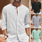 2023 Muške ležerne pamučne lanene muške jednobojne široke majice dugih rukava proljeće jesen zgodne muške košulje
