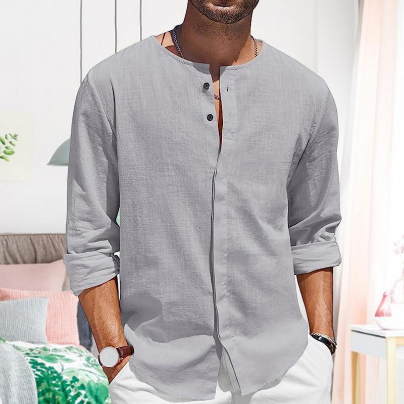 2023 Muške ležerne pamučne lanene muške jednobojne široke majice dugih rukava proljeće jesen zgodne muške košulje