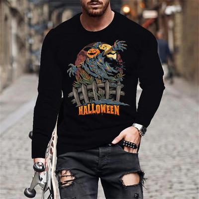 Halloween Evil Pumpkin Head Print suvine meeste O-kaelusega T-särk vabaaja pikkade varrukatega T-särk Suuremõõtmeline pullover Mood meeste rõivad