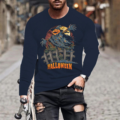 Halloween Evil Pumpkin Head Print suvine meeste O-kaelusega T-särk vabaaja pikkade varrukatega T-särk Suuremõõtmeline pullover Mood meeste rõivad