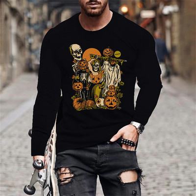 Halloween Evil Pumpkin Head Print suvine meeste O-kaelusega T-särk vabaaja pikkade varrukatega T-särk Suuremõõtmeline pullover Mood meeste rõivad