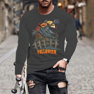 Halloween Evil Pumpkin Head Print suvine meeste O-kaelusega T-särk vabaaja pikkade varrukatega T-särk Suuremõõtmeline pullover Mood meeste rõivad