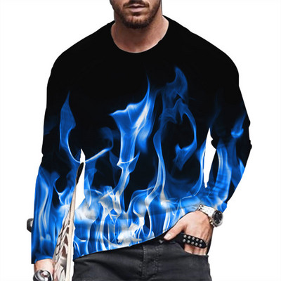 Muške modne majice s 3D tie-dye printom plamena Jesenske muške ulične hip hop majice dugih rukava Opuštene majice s O-izrezom Ležerne majice velikih veličina 6XL