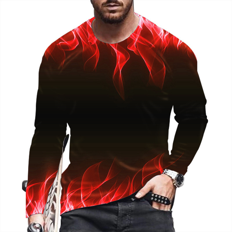 Muške modne majice s 3D tie-dye printom plamena Jesenske muške ulične hip hop majice dugih rukava Opuštene majice s O-izrezom Ležerne majice velikih veličina 6XL