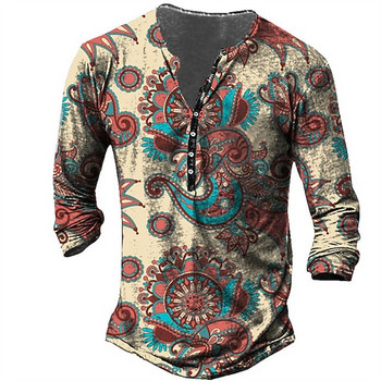 Ανδρικό βαμβακερό μπλουζάκι Vintage με κουμπί Ethnic μοτίβο καλοκαιρινό 3d print Tees O λαιμό μακρυμάνικο μεγάλου μεγέθους T-shirt Ανδρικά ρούχα Νέο