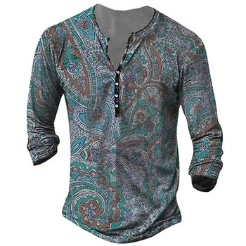 Ανδρικό βαμβακερό μπλουζάκι Vintage με κουμπί Ethnic μοτίβο καλοκαιρινό 3d print Tees O λαιμό μακρυμάνικο μεγάλου μεγέθους T-shirt Ανδρικά ρούχα Νέο