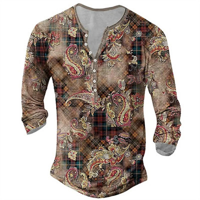 Muška pamučna majica kratkih rukava Vintage Button Etnički uzorak Ljetne majice s 3d printom O izrezom Dugi rukavi Prevelika muška odjeća Novo