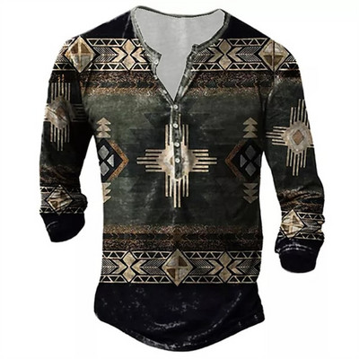 Muška pamučna majica kratkih rukava Vintage Button Etnički uzorak Ljetne majice s 3d printom O izrezom Dugi rukavi Prevelika muška odjeća Novo