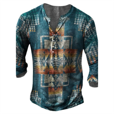 Muška pamučna majica kratkih rukava Vintage Button Etnički uzorak Ljetne majice s 3d printom O izrezom Dugi rukavi Prevelika muška odjeća Novo