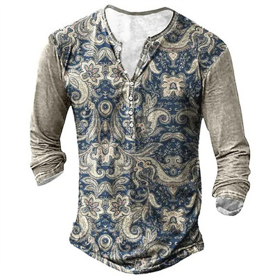 Muška pamučna majica kratkih rukava Vintage Button Etnički uzorak Ljetne majice s 3d printom O izrezom Dugi rukavi Prevelika muška odjeća Novo