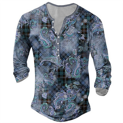 Muška pamučna majica kratkih rukava Vintage Button Etnički uzorak Ljetne majice s 3d printom O izrezom Dugi rukavi Prevelika muška odjeća Novo