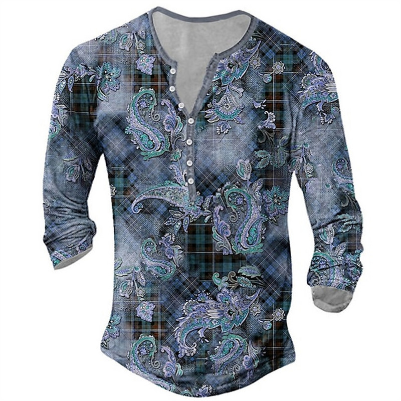 Muška pamučna majica kratkih rukava Vintage Button Etnički uzorak Ljetne majice s 3d printom O izrezom Dugi rukavi Prevelika muška odjeća Novo