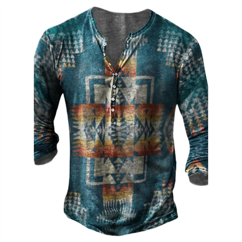 Muška pamučna majica kratkih rukava Vintage Button Etnički uzorak Ljetne majice s 3d printom O izrezom Dugi rukavi Prevelika muška odjeća Novo