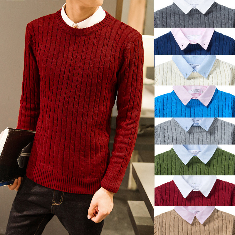 Νέο ανδρικό μονόχρωμο πουλόβερ με στρογγυλή λαιμόκοψη, Πλεκτό πουλόβερ μονόχρωμο