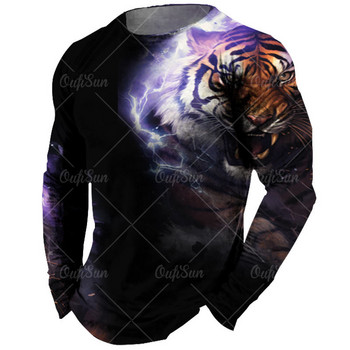 Vintage ανδρικό μακρυμάνικο μπλουζάκι Animal print πουκάμισα Tiger Graphics Tees Βαμβακερά ρούχα μανίκια μπλουζάκια Ανδρικά ρούχα μεγάλου μεγέθους